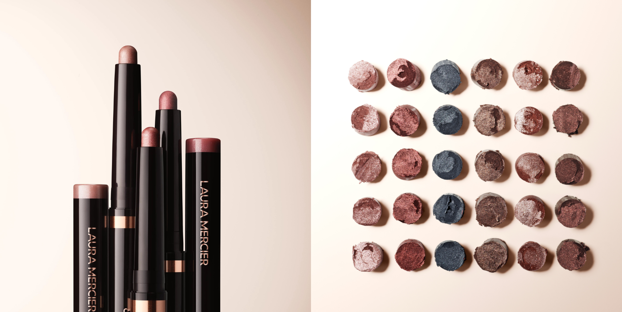 Laura Mercier Caviar Stick Eyeshadow Roseglow sticks next to image of circular Roseglow swatches