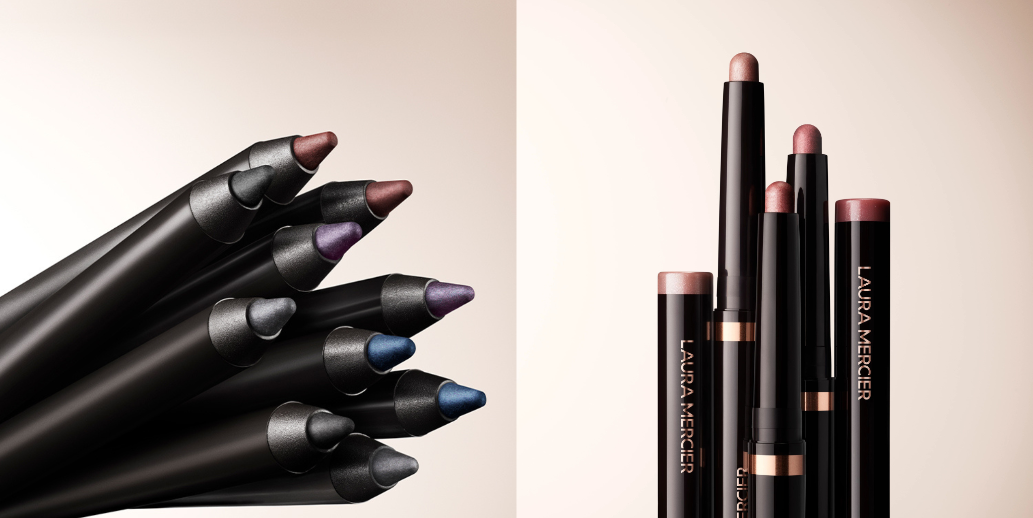Laura Mercier's Caviar Tightline Eyeliners next to Caviar Stick Eye Shadows