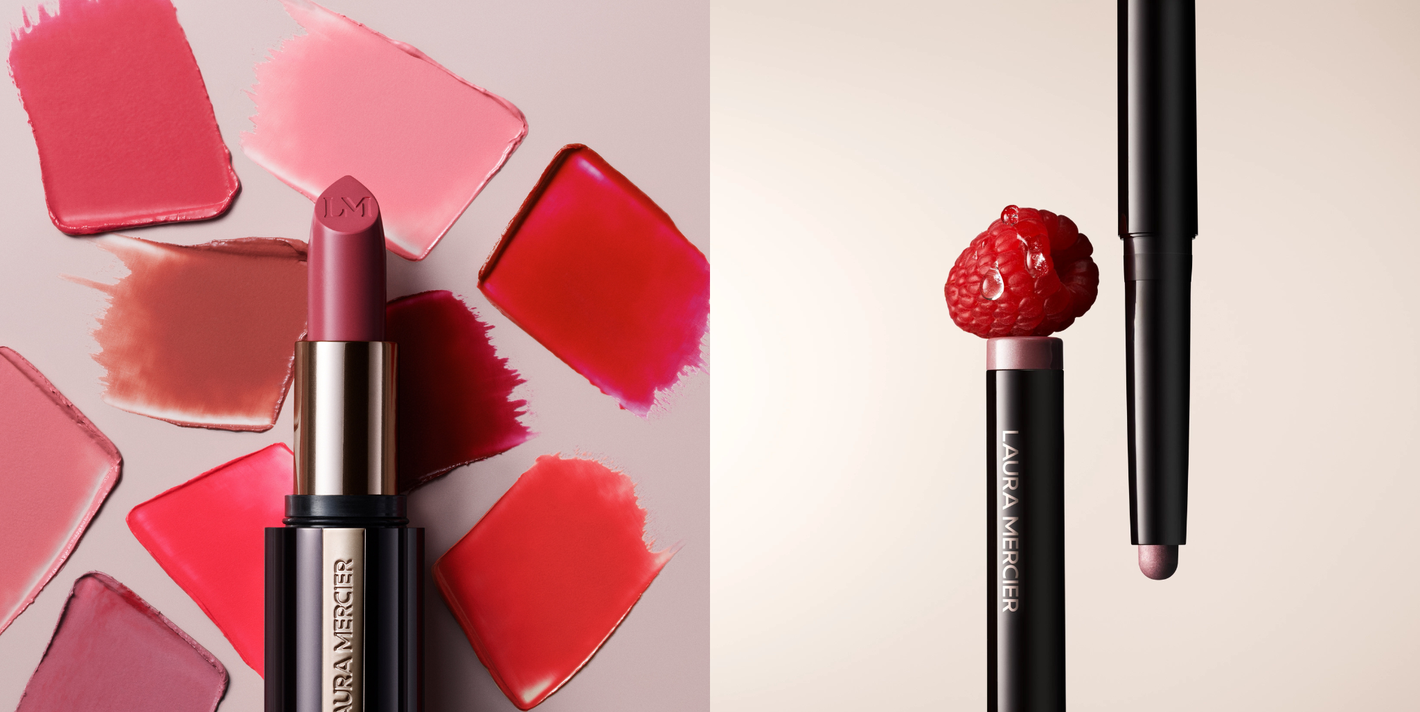 Laura Mercier Caviar Hydra-Creme Lipstick with swatches in the background next to image of Laura Mercier Caviar Stick Eye Shadow in 'Amethyst'.