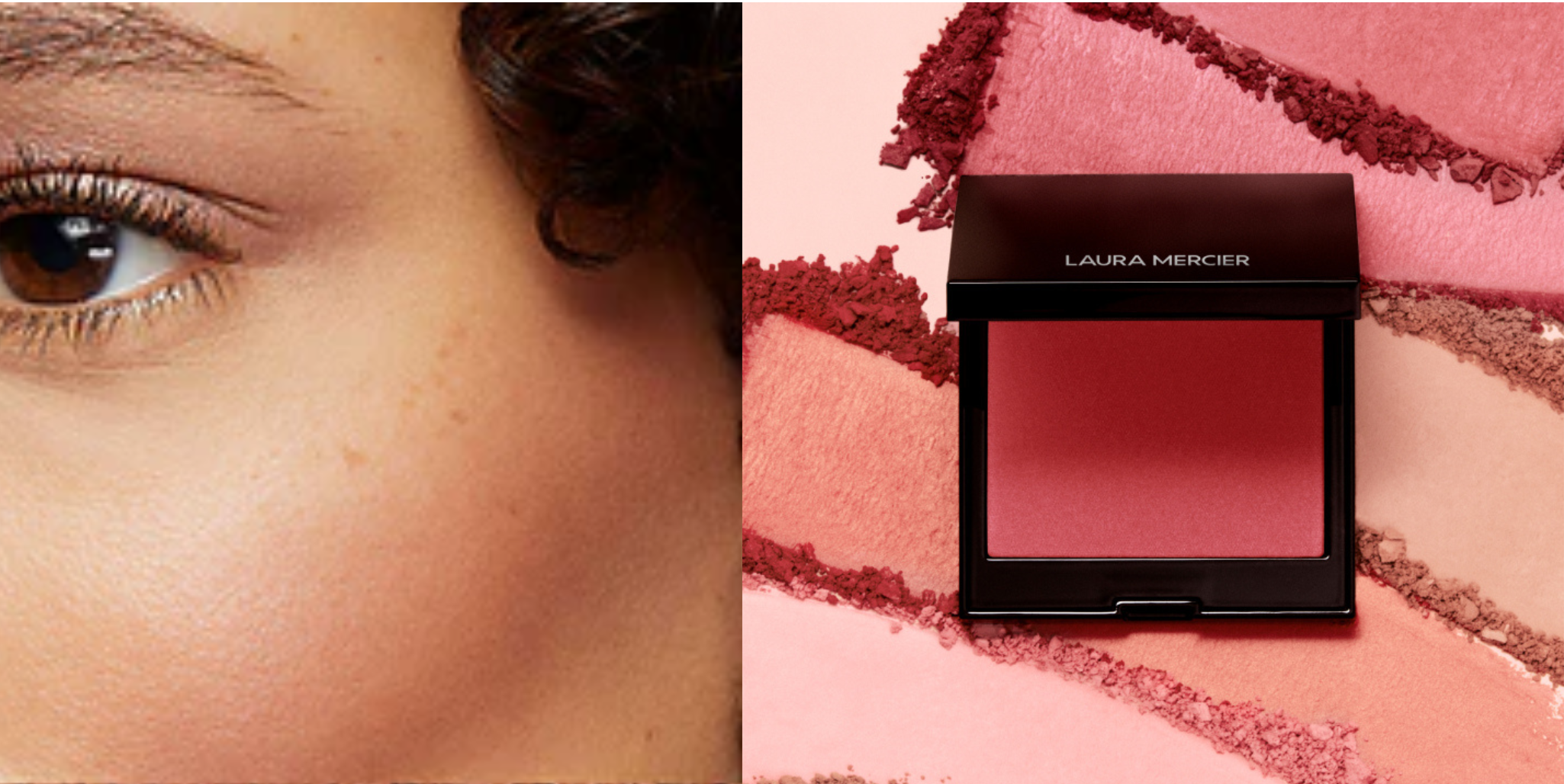 Close up of tan model's cheek with pink blush next to image of Laura Mercier Blush Color Infusion with pink swatches in the background.