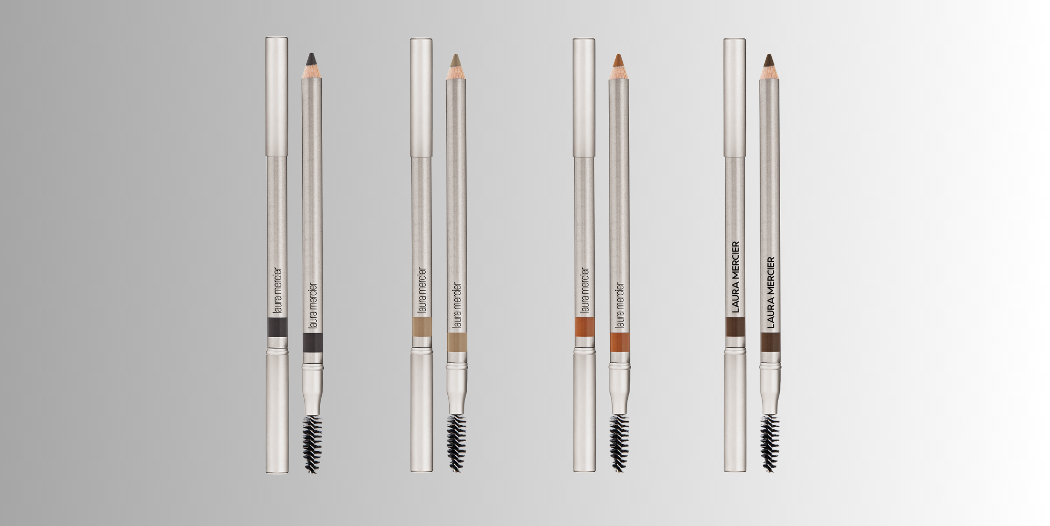 Laura Mercier Eye Brow Pencil's in 4 shades with a gradient gray background