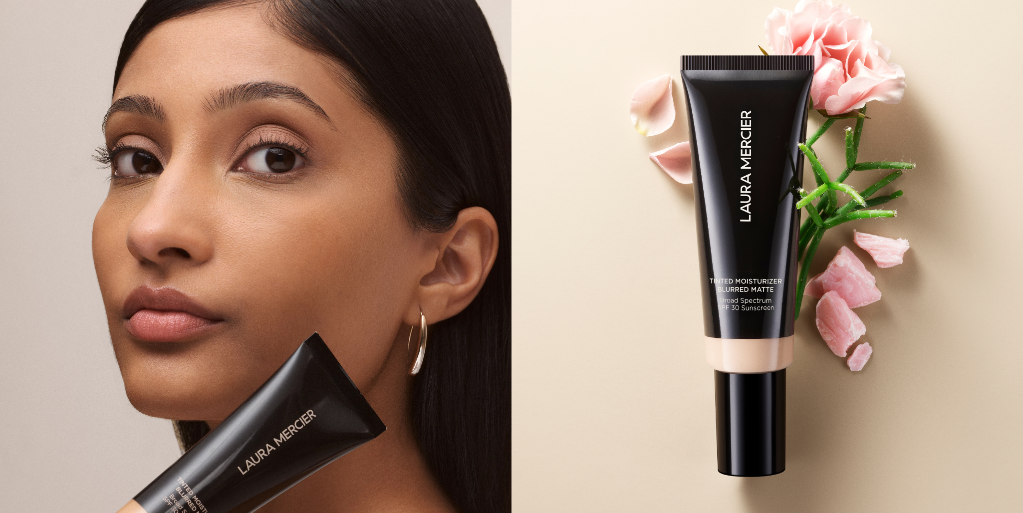 Close up of medium toned model holding Laura Mercier Tinted Moisturizer Blurred Matte next to stylized close up image of Blurred Matte product
