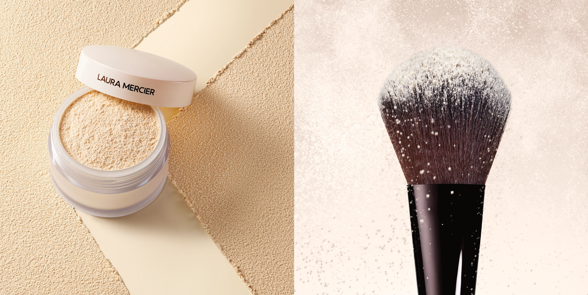 Laura Mercier Translucent Loose Setting Powder Ultra Blur light shade next to image of powder brush with translucent powder on it