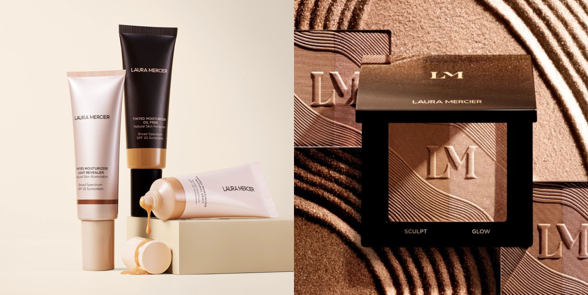 All of Laura Mercier tinted moisturizers next to image of Laura Mercier Bronze Color Infusion shades