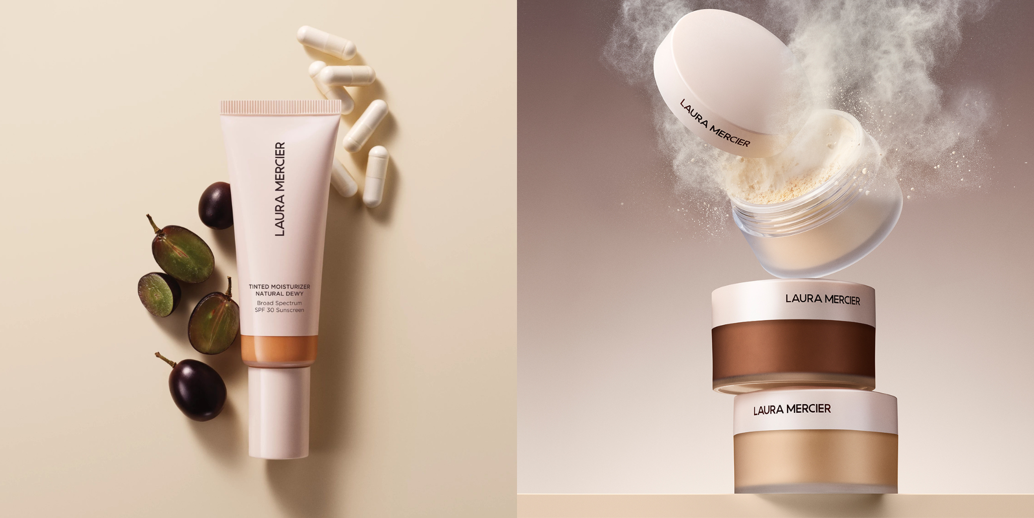 Laura Mercier tinted moisturizer natural dewy next to image of Laura Mercier Translucent Loose Setting Powder Ultra Blur shades stacked on top of one another