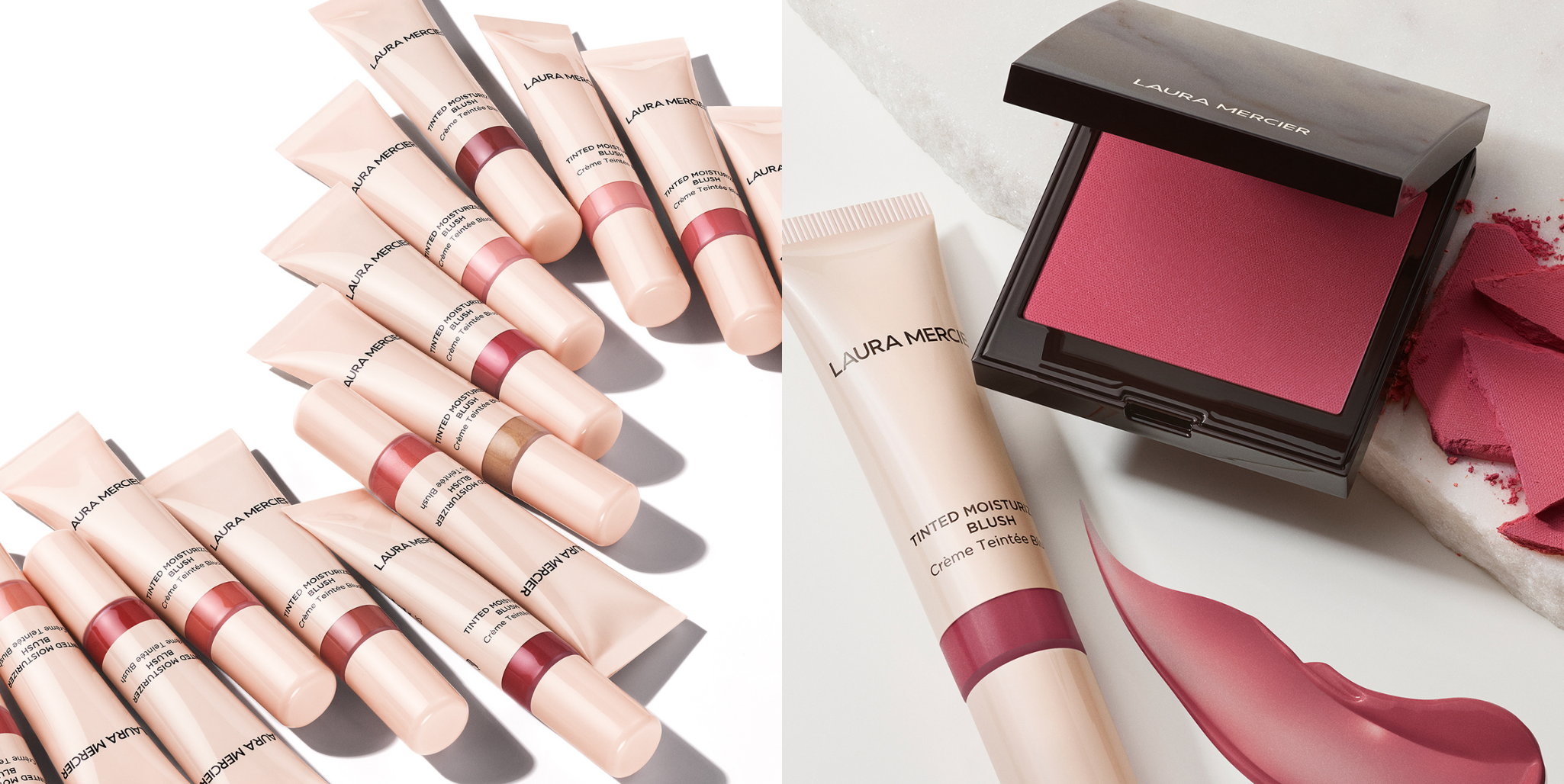 Laura Mercier Tinted Moisturizer Blush next to Laura Mercier Blush Color Infusion and swatch