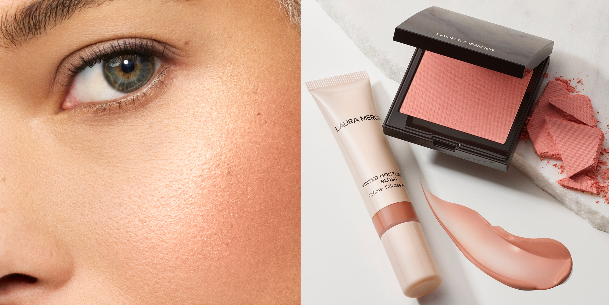 Close up of pale model's cheek with blush next to image of Laura mercier Tinted Moisturizer Blush and Blush Color Infusion