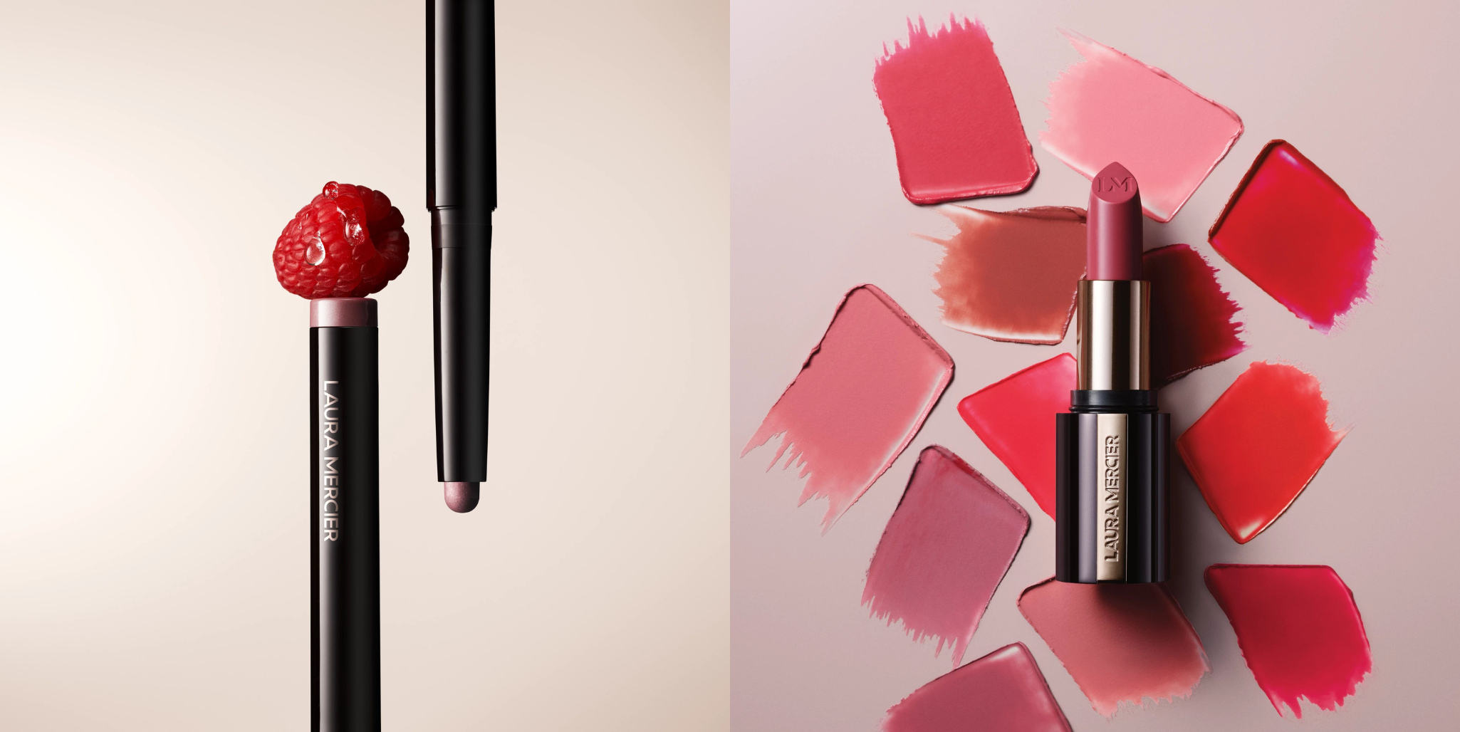 Laura Mercier Roseglow Caviar Stick Eye Shadow next to image of Laura Mercier Caviar Hydra Creme Lipstick with shade swatches behind