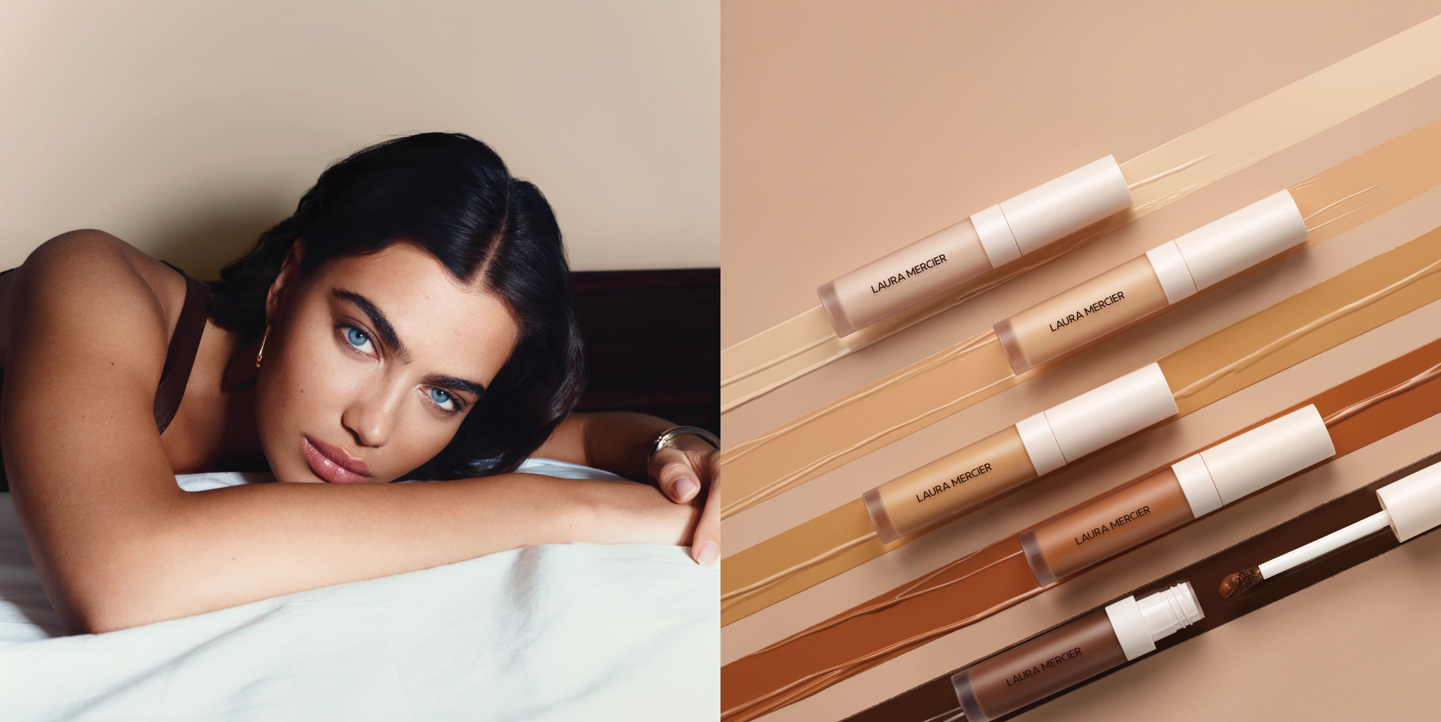 Medium shot of tan model with brown hair and bright blue eyes with makeup on next to image of Laura Mercier Real Flawless Concealers