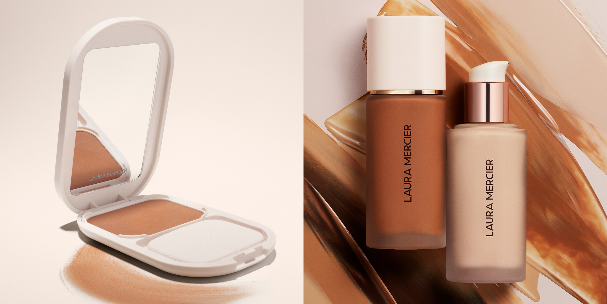 Laura Mercier Real Flawless Feather Matte Powder Foundation next to image of two Laura Mercier Real Flawless Liquid Foundation dark and light shades
