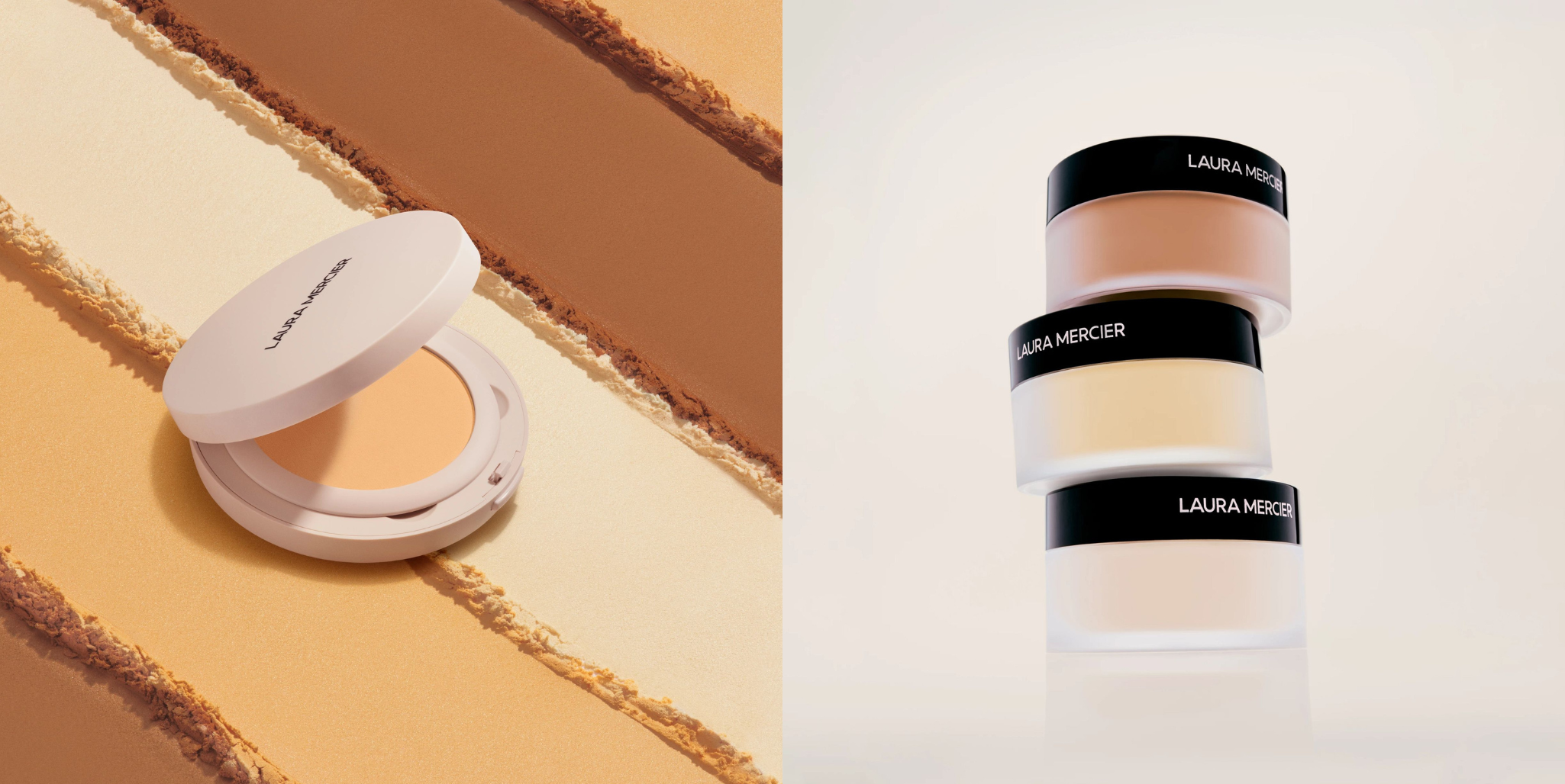 Laura Mercier Translucent Pressed Setting Powder Ultra blur next to image of Laura Mercier Translucent Loose Setting Powders stacked on top of eachother