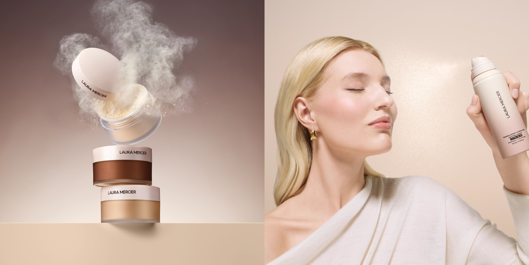 Translucent LooseSetting Spray Ultra-Blur shades stacked on top of eachother on the left side and an image of a blonde pale model spraying Translucent Hydrating Setting Spray on her face on the right