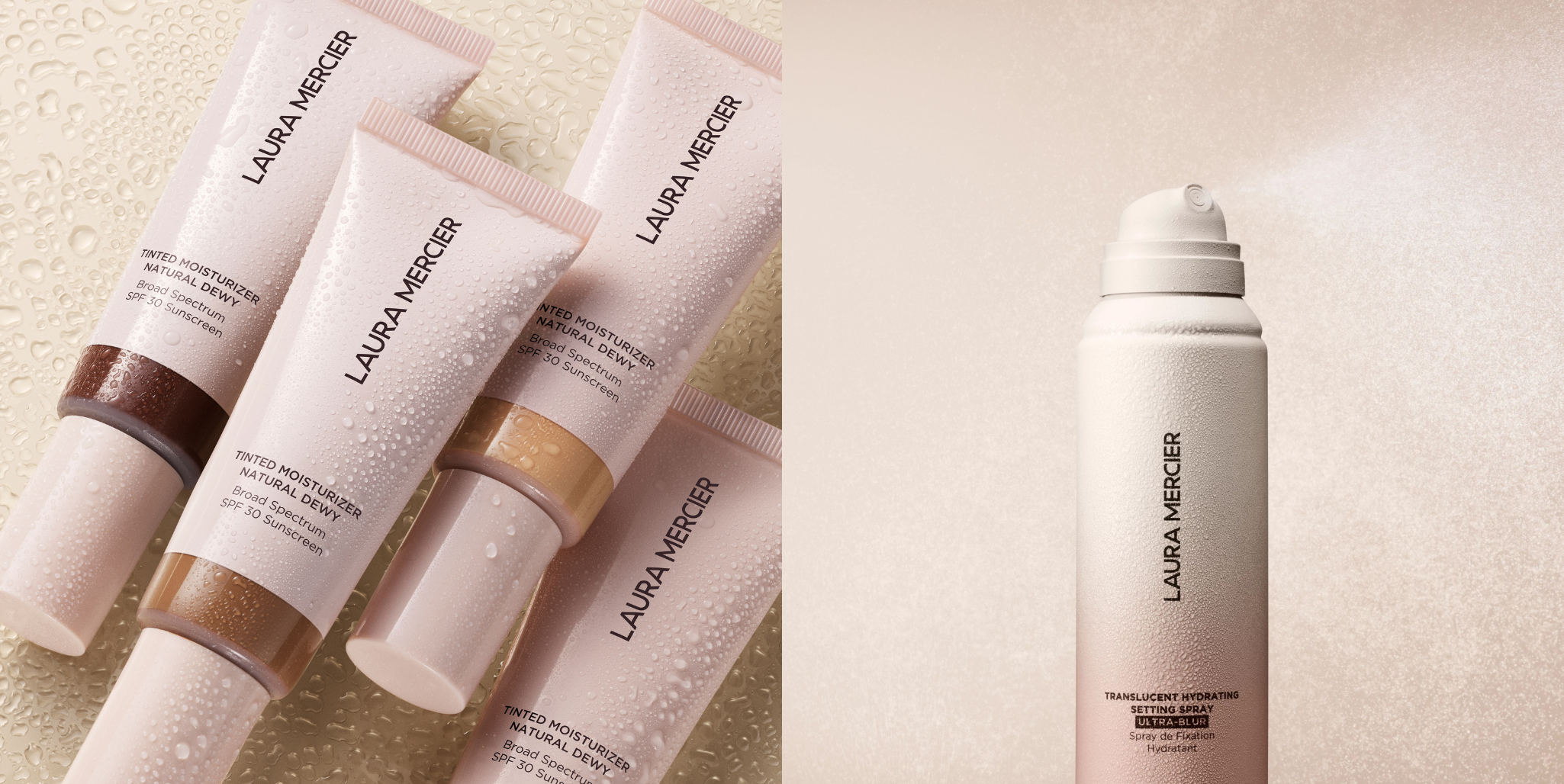 Four Laura Mercier Tinted Moisturizer Natural Dewy SPF 30 shades together with liquid droplets on them against a beige background next to image of Laura Mercier Translucent hydrating Setting Spray misting 