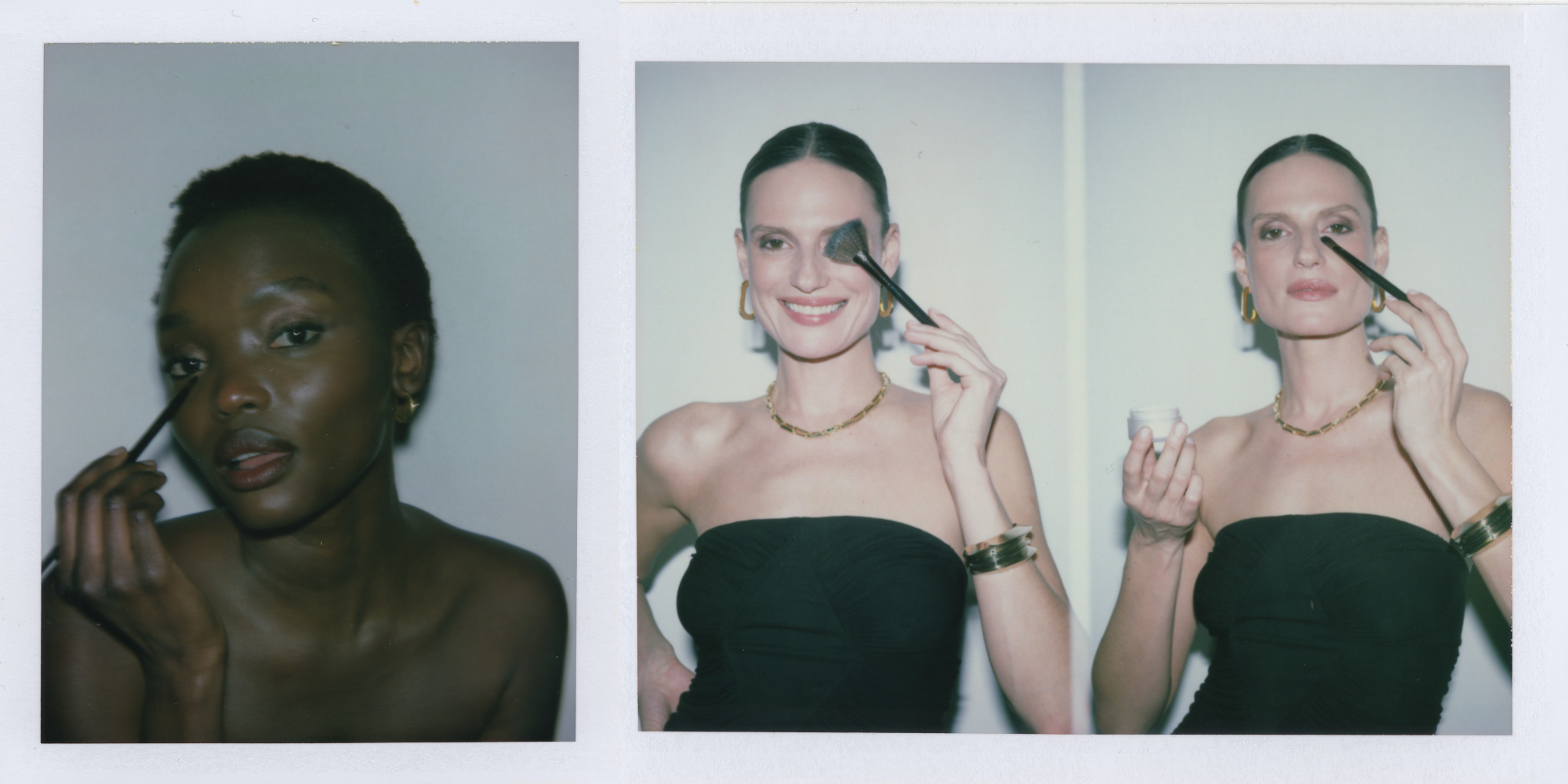 Models applying makeup in polaroid frames